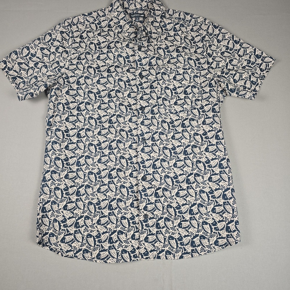 Toad&Co Mens Short Sleeve Fish Print Button Down Shirt Navy Blue Cream S